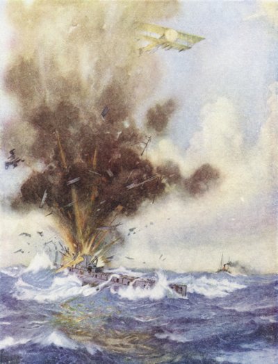 1915年8月26日、飛行隊長のアーサービグスワースがドイツの潜水艦を爆弾で攻撃し、ベルギーのオステンドに潜り込み沈没 作： H. G. Swanwick